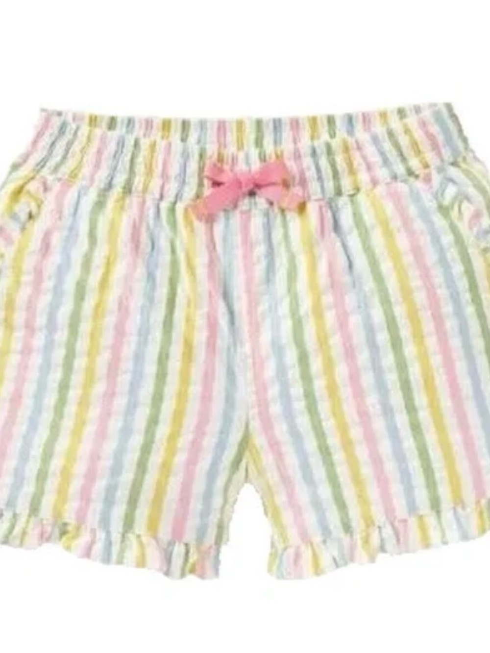 Mini Boden Pastel seersucker Stripe Ruffle Shorts with Pink Bow size 11 146cm